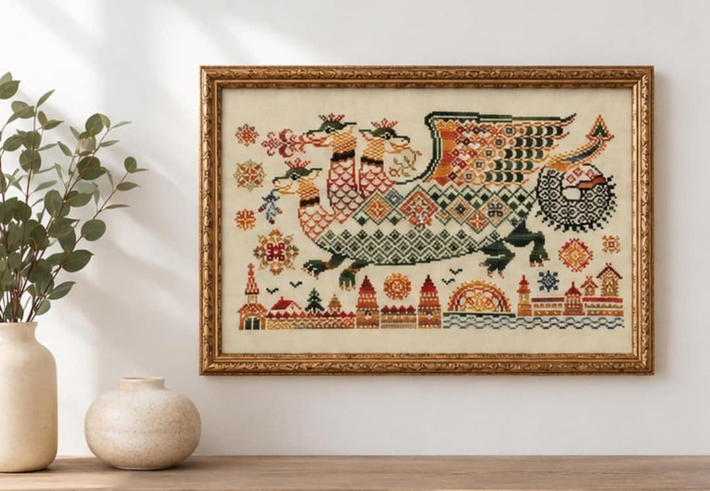 Dragon Cross Stitch Kit, Medieval Folk Art Embroidery, Fantasy Counted Cross Stitch, Nordic Dragon P