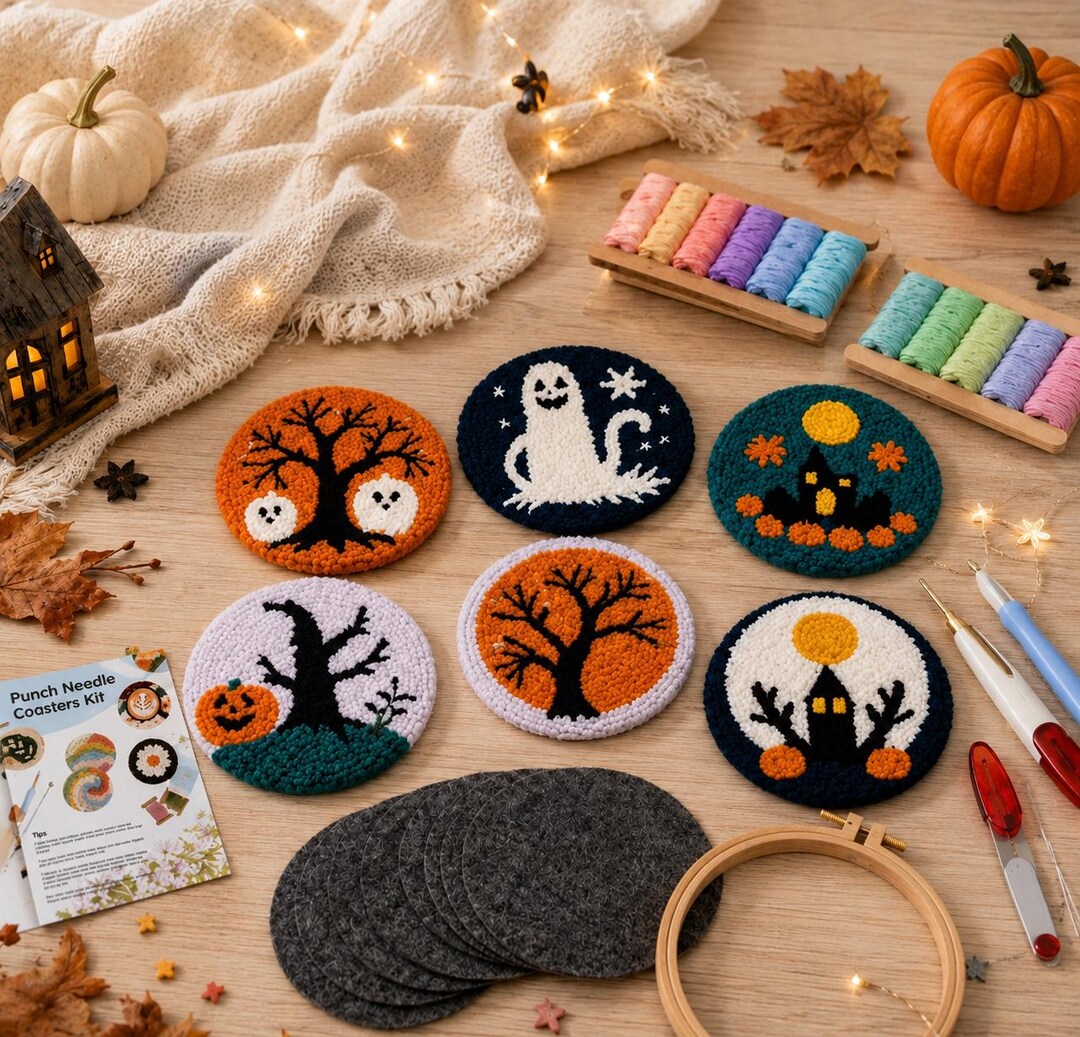 Halloween Punch Needle Coaster Kit - finished coasters