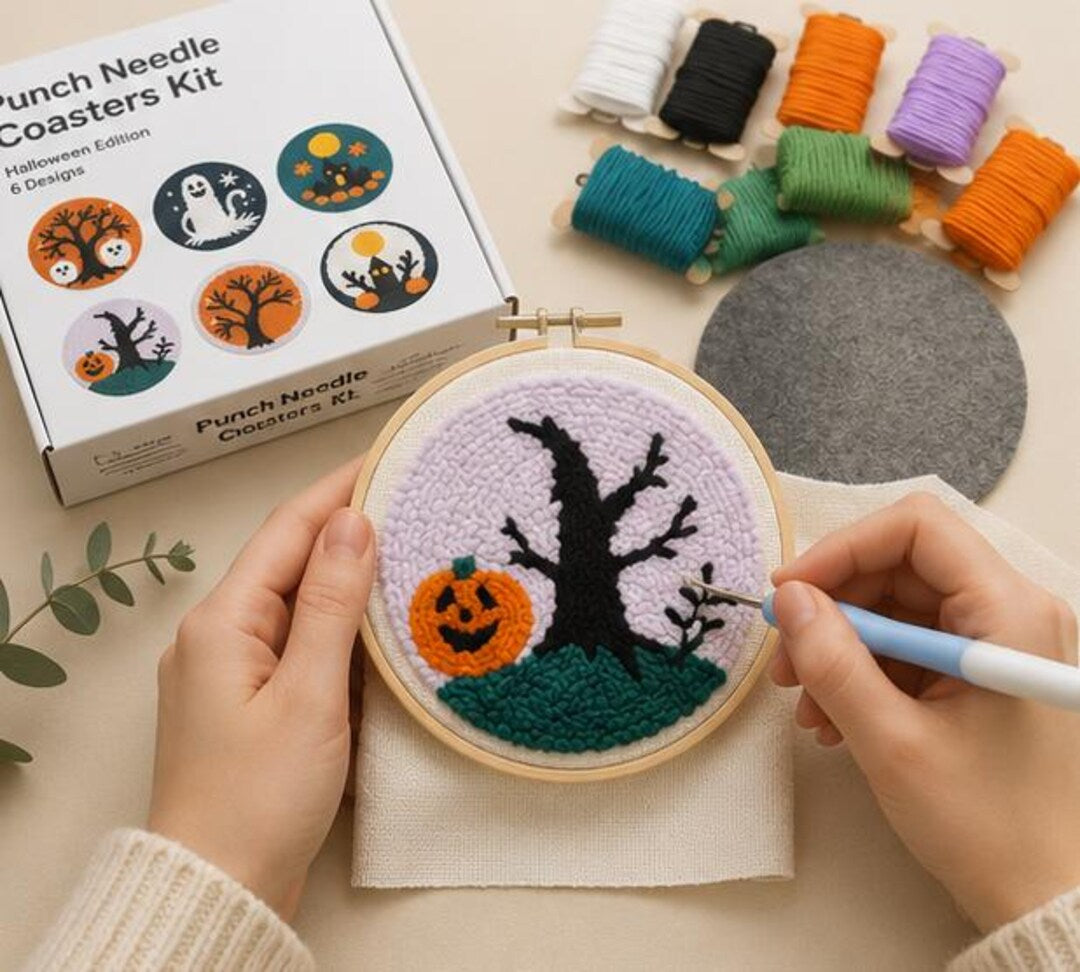 Halloween Punch Needle Coaster Kit - spooky tree design detail