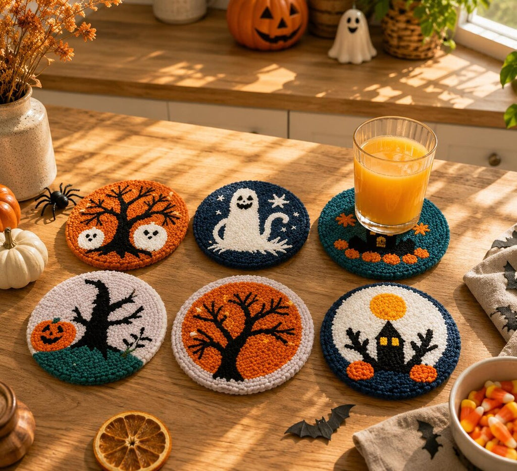 Halloween Punch Needle Coaster Kit - kit contents