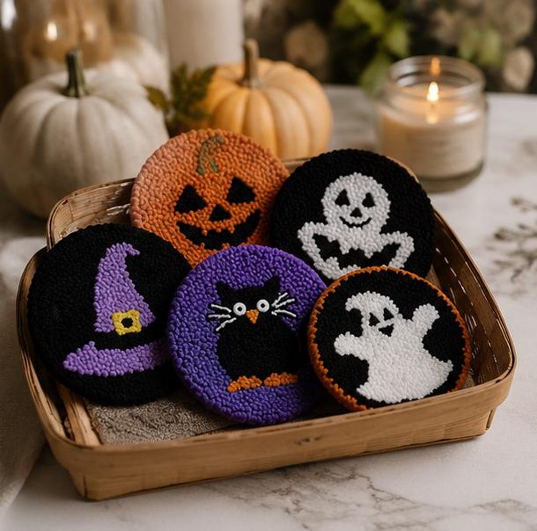 Halloween Punch Needle Kit, Pumpkin Ghost Black Cat Coasters, DIY Embroidery Coaster Kit, Beginner H