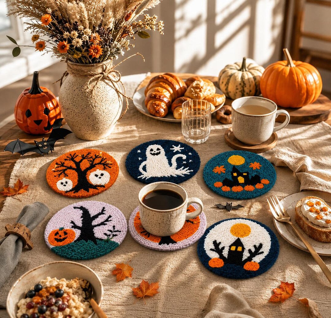 Halloween Punch Needle Kit, Ghost & Haunted House Coasters, DIY Embroidery Craft