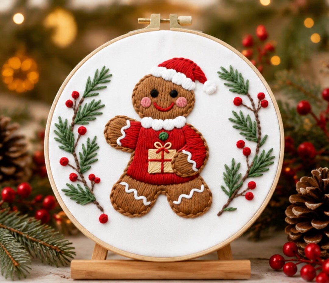 Gingerbread Embroidery Kit for Beginners, Christmas DIY Embroidery Kit with Plastic Hoop, Holiday Ne