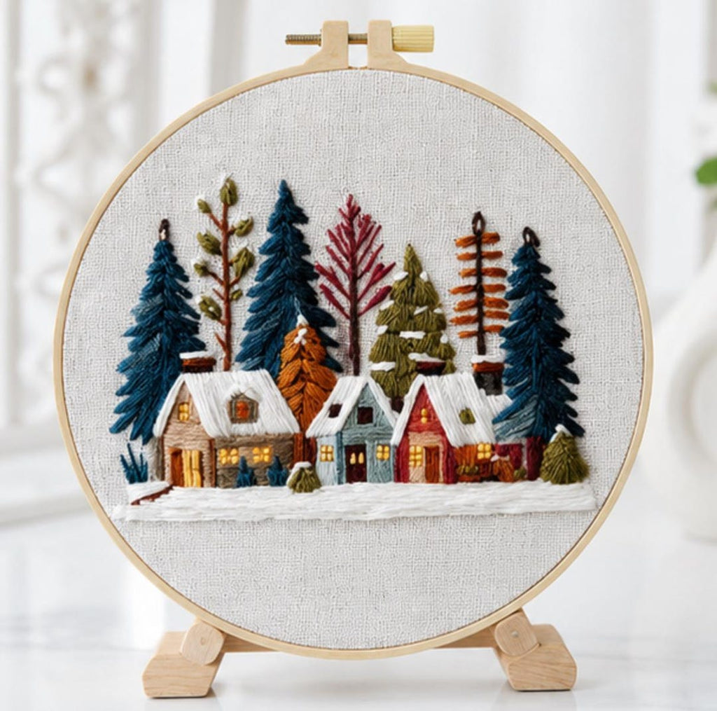 Winter Village Embroidery Kit, Snowy House Embroidery Kit for Beginners, DIY Christmas Cottage Embro