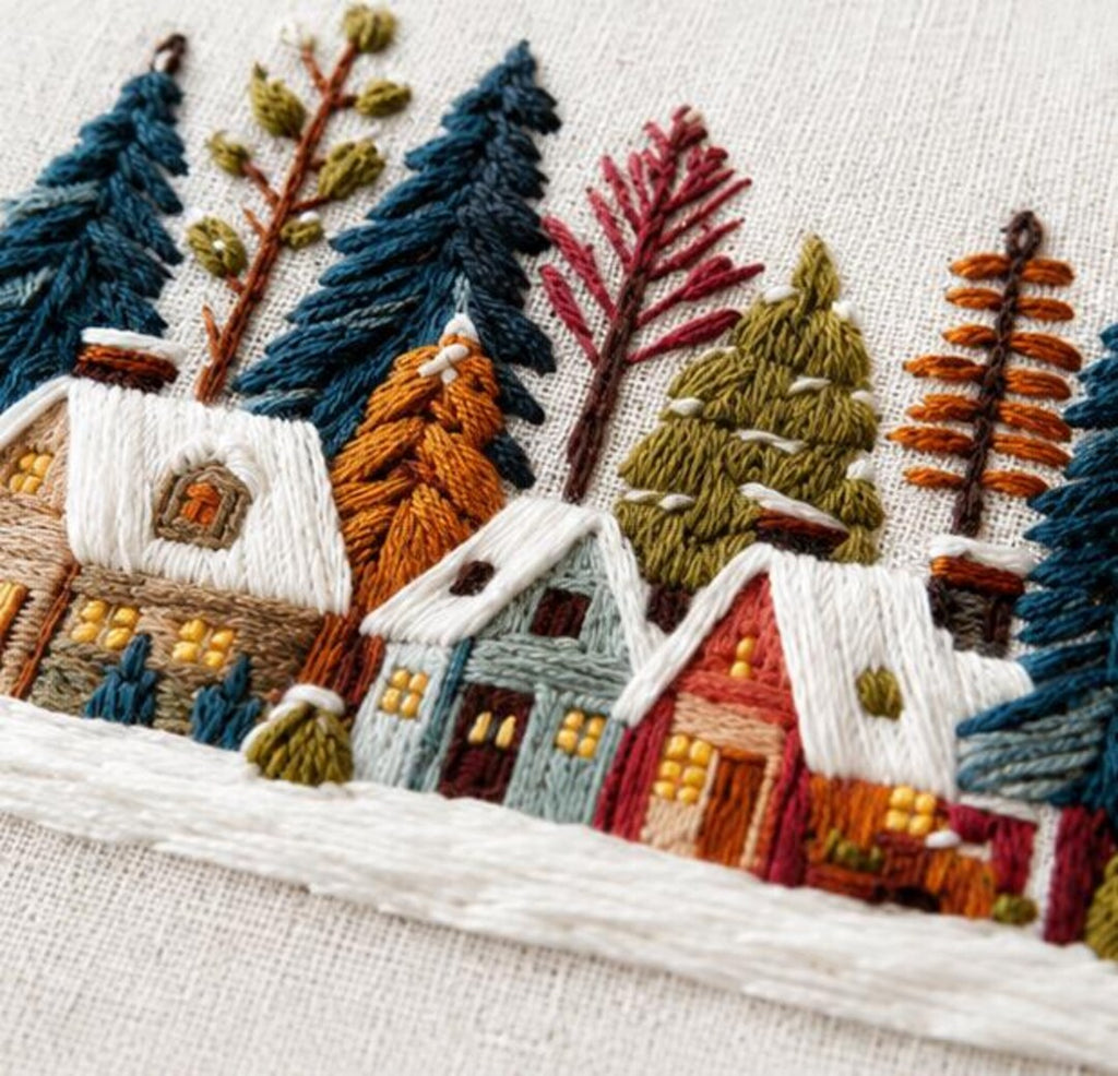 Winter Village Embroidery Kit, Snowy House Embroidery Kit for Beginners, DIY Christmas Cottage Embro