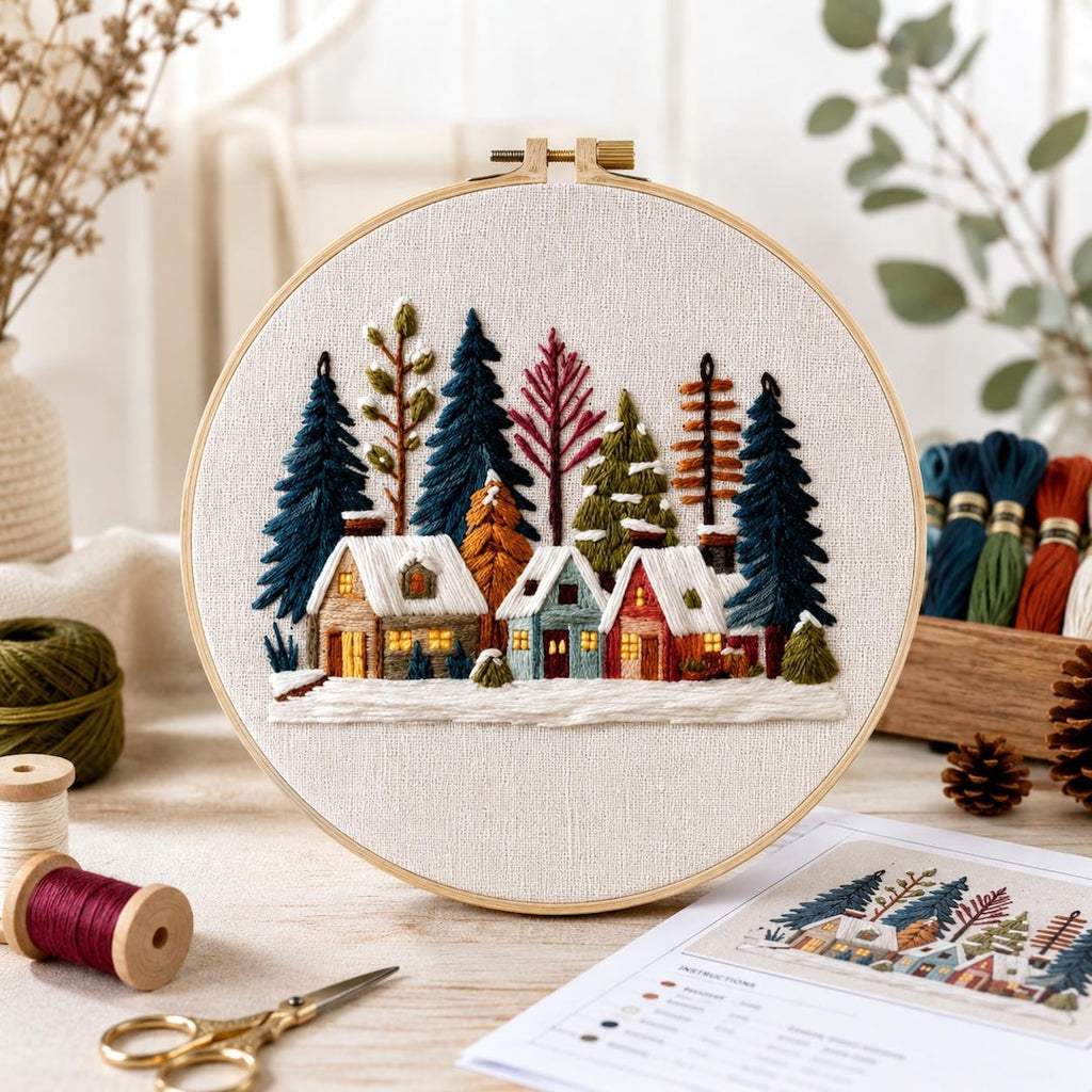 Scandinavian winter village embroidery kit finished design