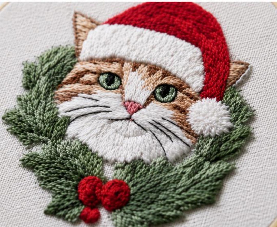 Christmas Cat Embroidery Kit, Cute Cat Cross Stitch Kit for Beginners, Santa Cat DIY Embroidery, Chr