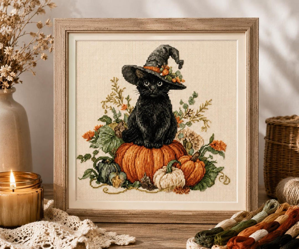 Black Cat Cross Stitch Kit, Halloween Embroidery Kit, Stamped Cross Stitch, Pumpkin DIY Craft, Eco C