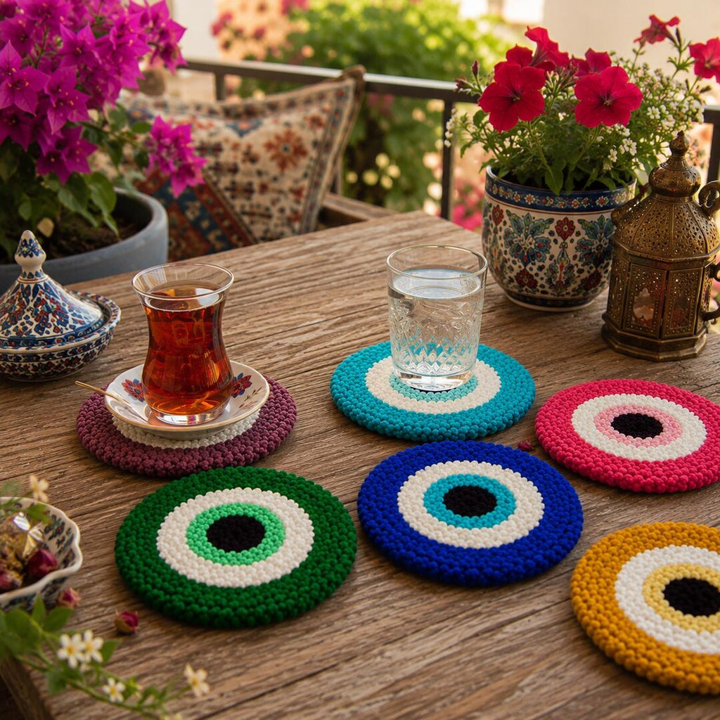 Punch Needle Kit, DIY Evil Eye Coaster Kit, Beginner Embroidery Kit, Set of 6 Nazar Coasters, Boho C