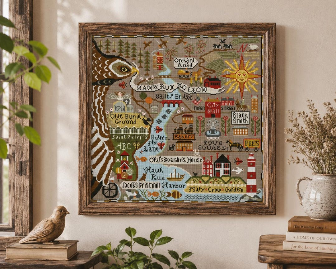 Primitive Americana Cross Stitch Kit, Hawk Run Hollow Folk Sampler, Vintage Map Embroidery