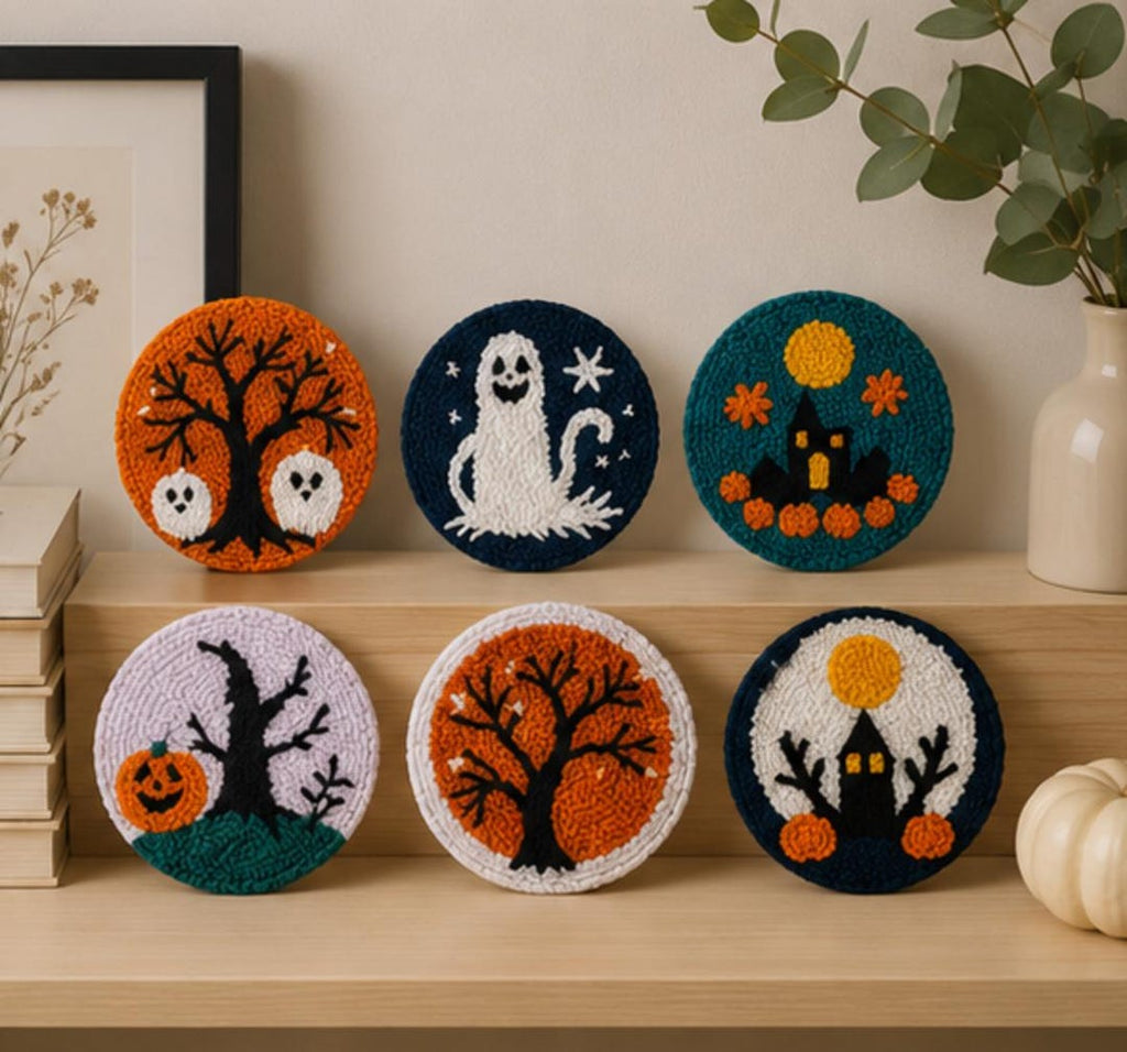 Halloween Punch Needle Coaster Kit - pumpkin design detail