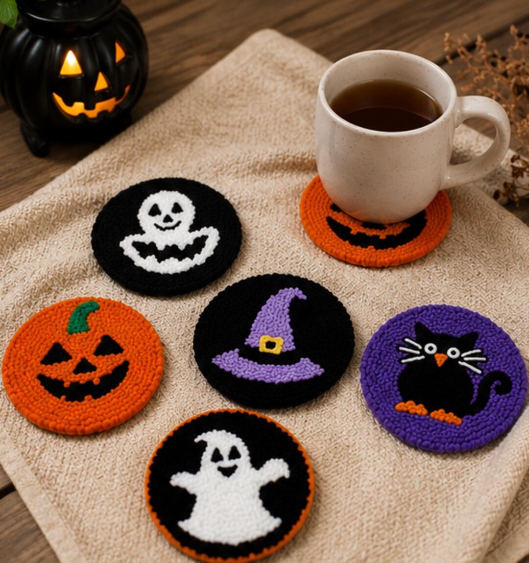 Halloween Punch Needle Kit, Pumpkin Ghost Black Cat Coasters, DIY Embroidery Coaster Kit, Beginner H