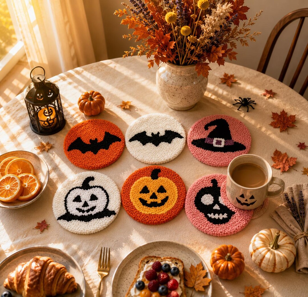 Halloween Punch Needle Coaster Kit, Pumpkin, Bat & Witch Hat DIY Coasters, 6-Piece Punch Needle Embr