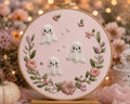 Floral ghost embroidery hoop with three ghosts and blush flowers
