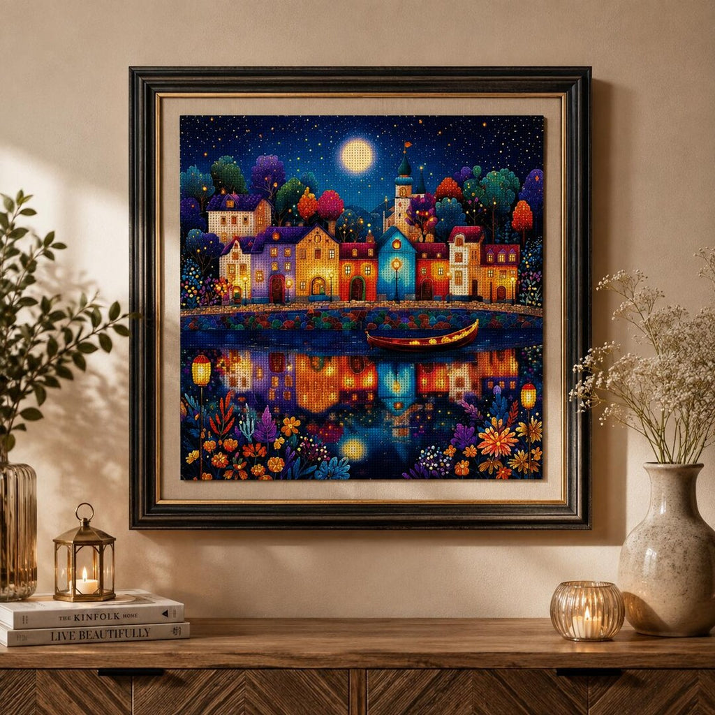 Fantasy Village Cross Stitch Kit, Stamped Cross Stitch Kit, Colorful Lakeside Embroidery, Night Land