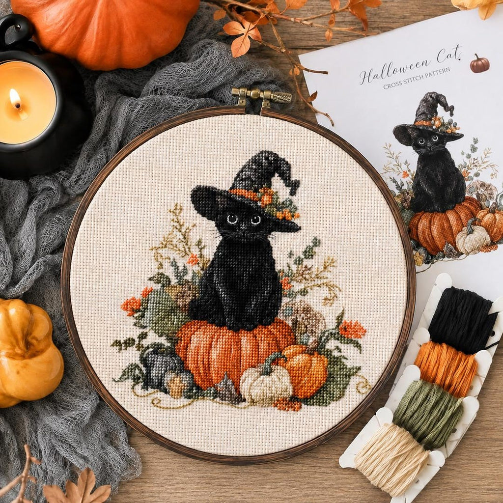 Black Cat Cross Stitch Kit, Halloween Embroidery Kit, Stamped Cross Stitch, Pumpkin DIY Craft, Eco C
