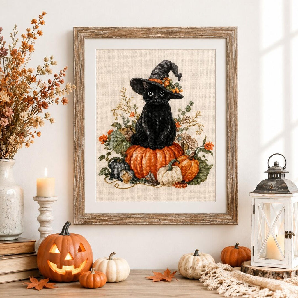 Black Cat Cross Stitch Kit, Halloween Embroidery Kit, Stamped Cross Stitch, Pumpkin DIY Craft, Eco C