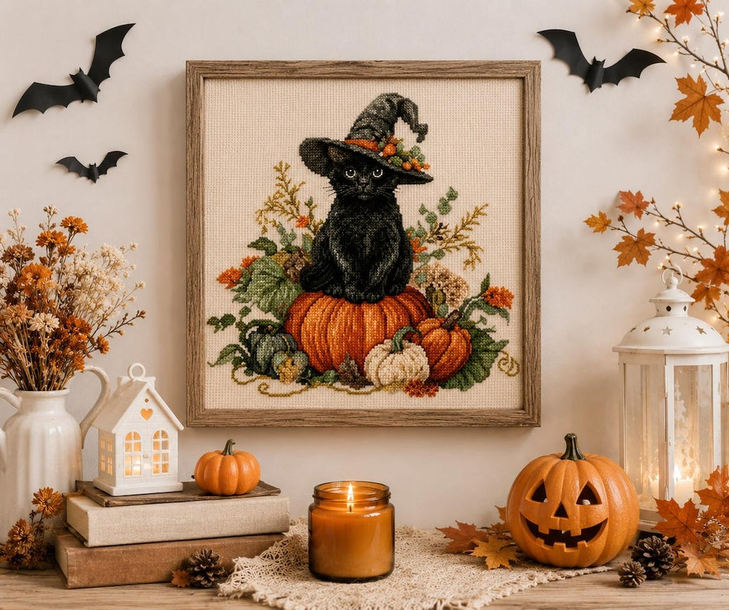 Black Cat Cross Stitch Kit, Halloween Embroidery Kit, Stamped Cross Stitch, Pumpkin DIY Craft, Eco C