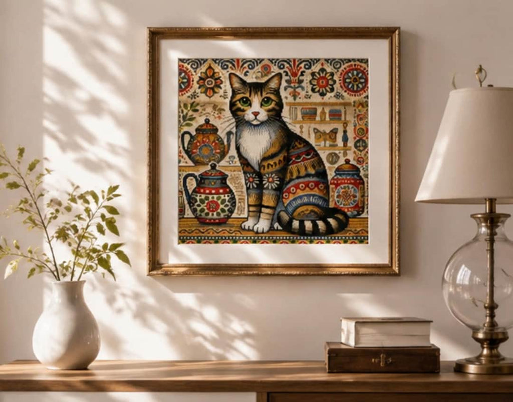 Folk Art Cat Cross Stitch Kit, Stamped Cross Stitch Kit, Vintage Cat Embroidery, Colorful Needlework