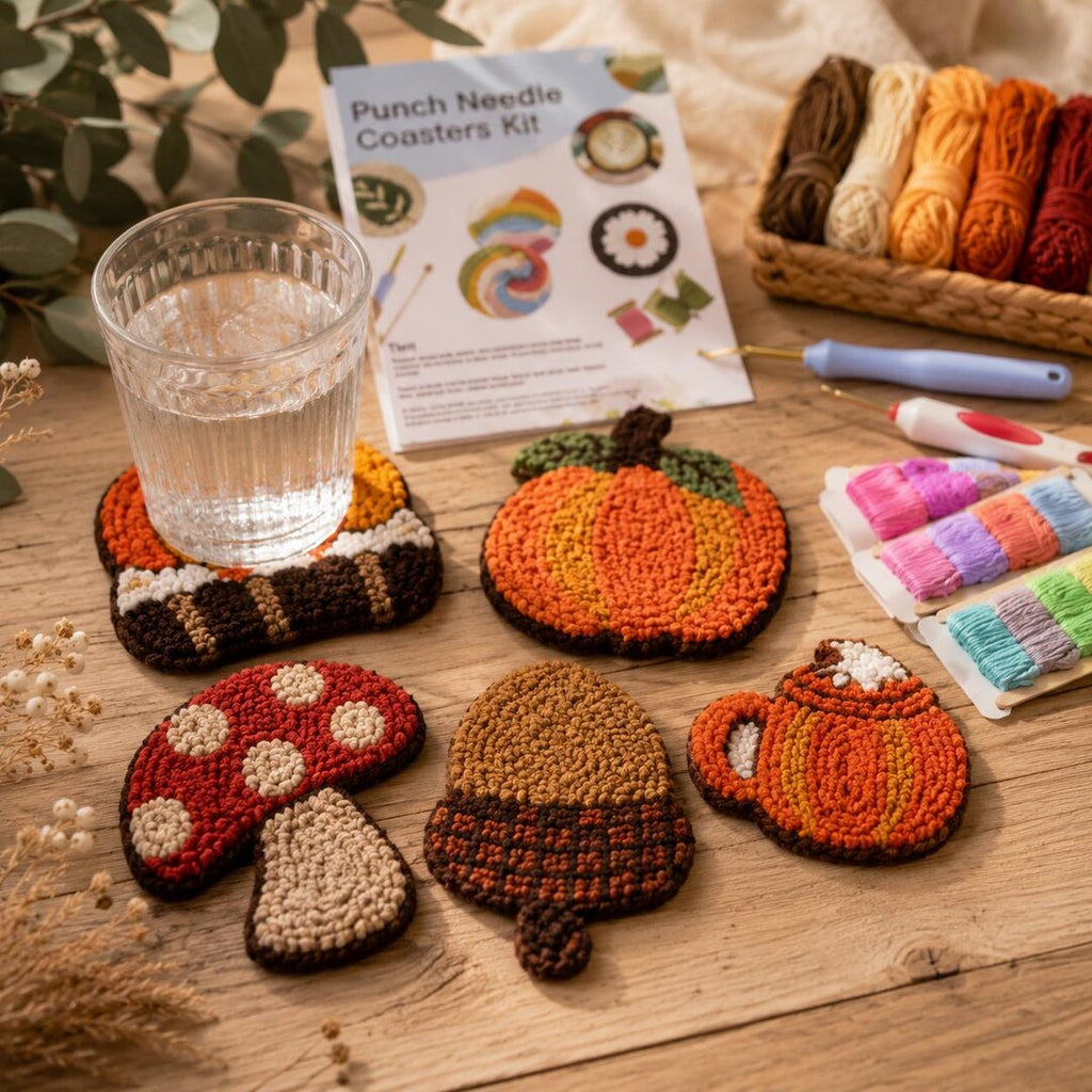 Fall Punch Needle Kit, 6 Coaster Embroidery Kit, Pumpkin Mushroom DIY Craft, Beginner Punch Needle K