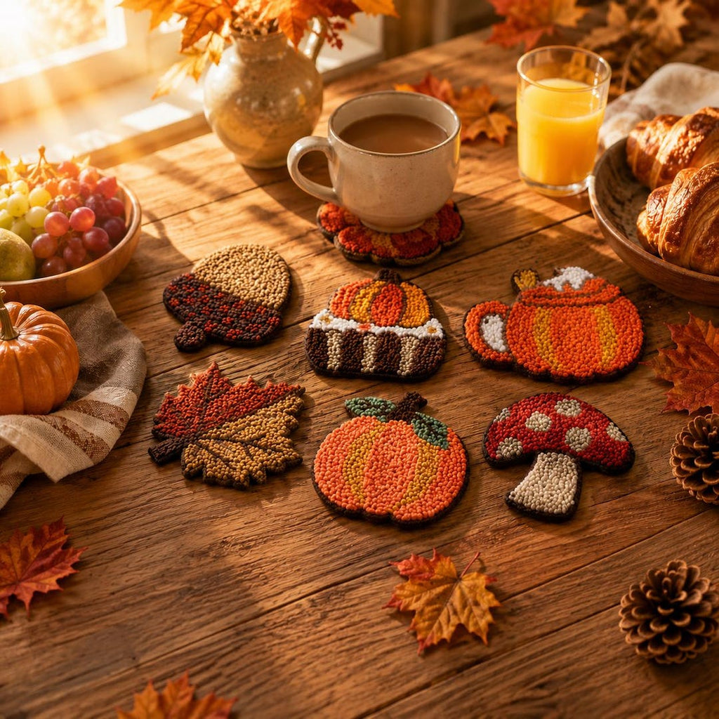 Fall Punch Needle Kit, 6 Coaster Embroidery Kit, Pumpkin Mushroom DIY Craft, Beginner Punch Needle K