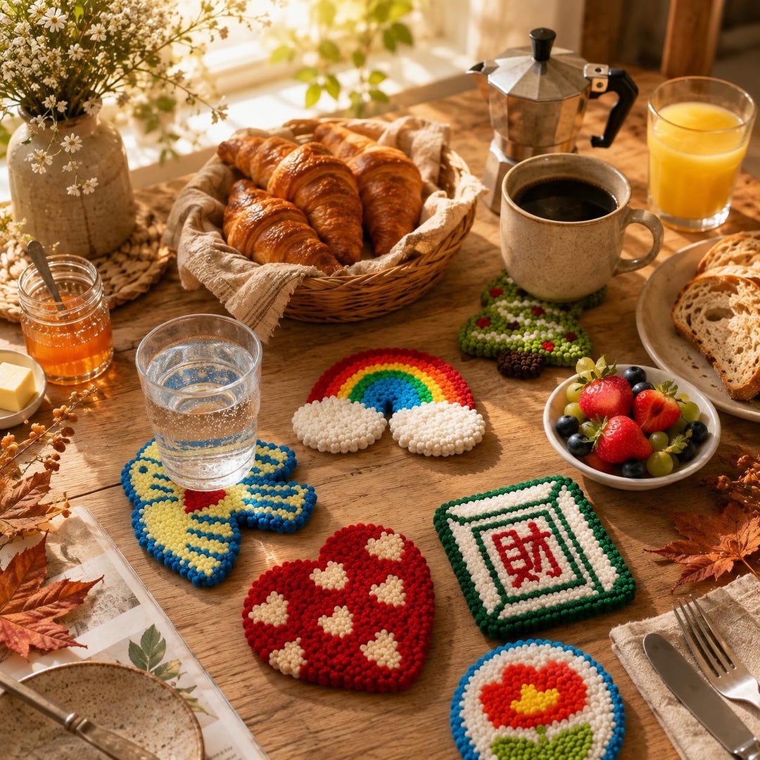 Punch Needle Coaster Kit, 6 DIY Embroidery Coasters, Beginner Punch Needle Kit, Colorful Yarn Craft 