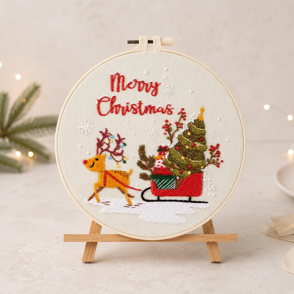 Christmas Embroidery Kit for Beginners, Merry Christmas Reindeer Tree DIY Needlework Set, 20 Cm Holi