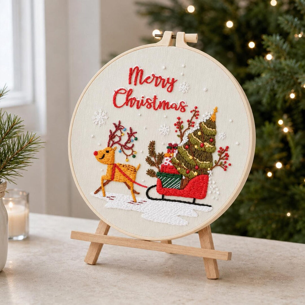 Christmas Embroidery Kit for Beginners, Merry Christmas Reindeer Tree DIY Needlework Set, 20 Cm Holi