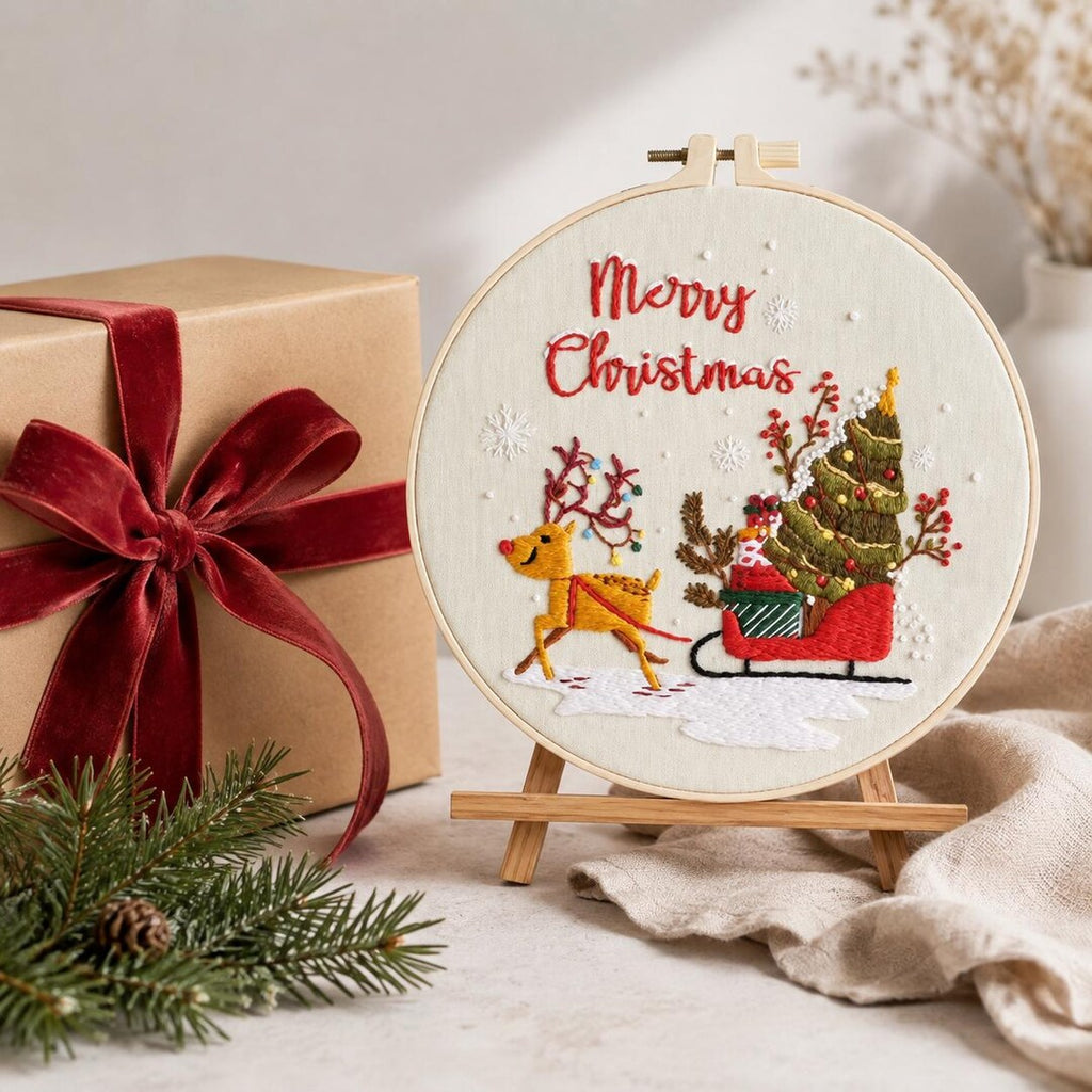 Christmas Embroidery Kit for Beginners, Merry Christmas Reindeer Tree DIY Needlework Set, 20 Cm Holi