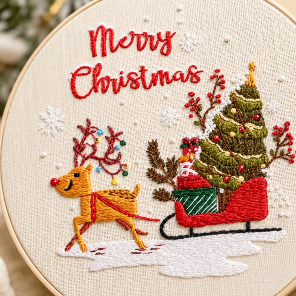 Christmas Embroidery Kit for Beginners, Merry Christmas Reindeer Tree DIY Needlework Set, 20 Cm Holi