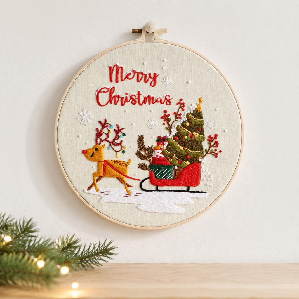 Christmas Embroidery Kit for Beginners, Merry Christmas Reindeer Tree DIY Needlework Set, 20 Cm Holi