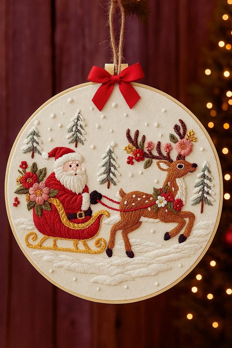 Santa and reindeer embroidery kit thread and needle set