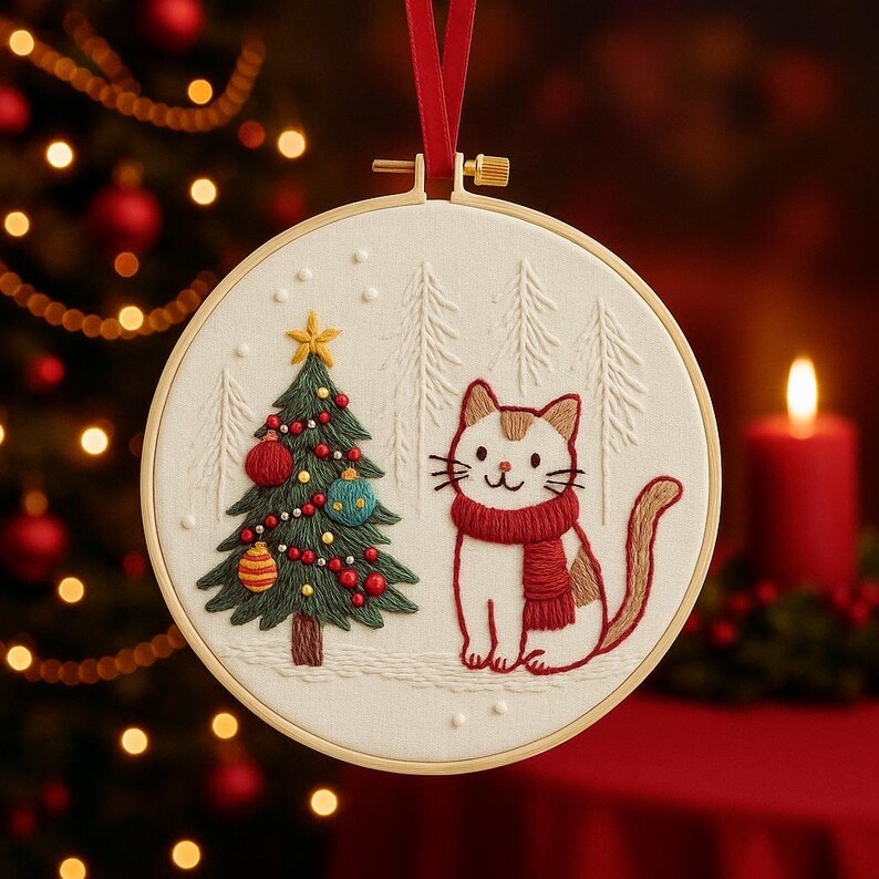 Santa and reindeer embroidery kit contents with wooden hoop