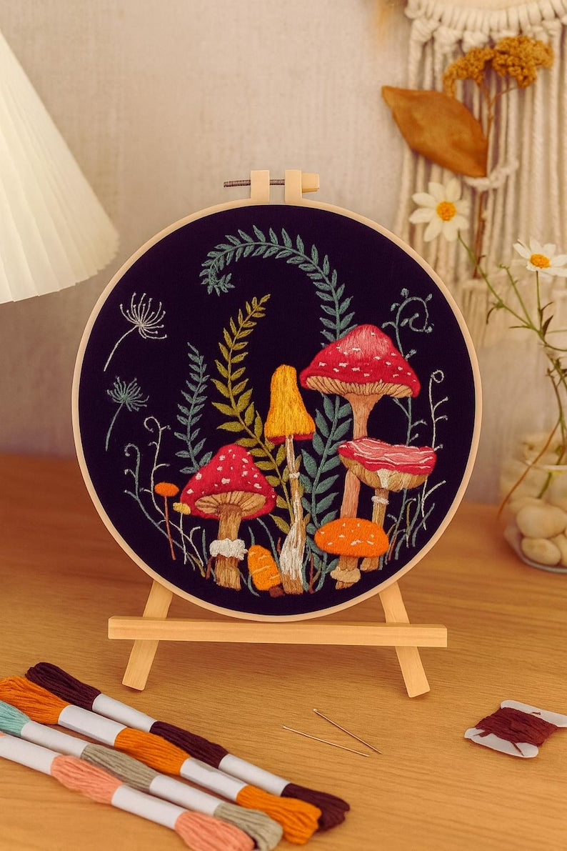Mushroom Forest embroidery kit finished hoop art