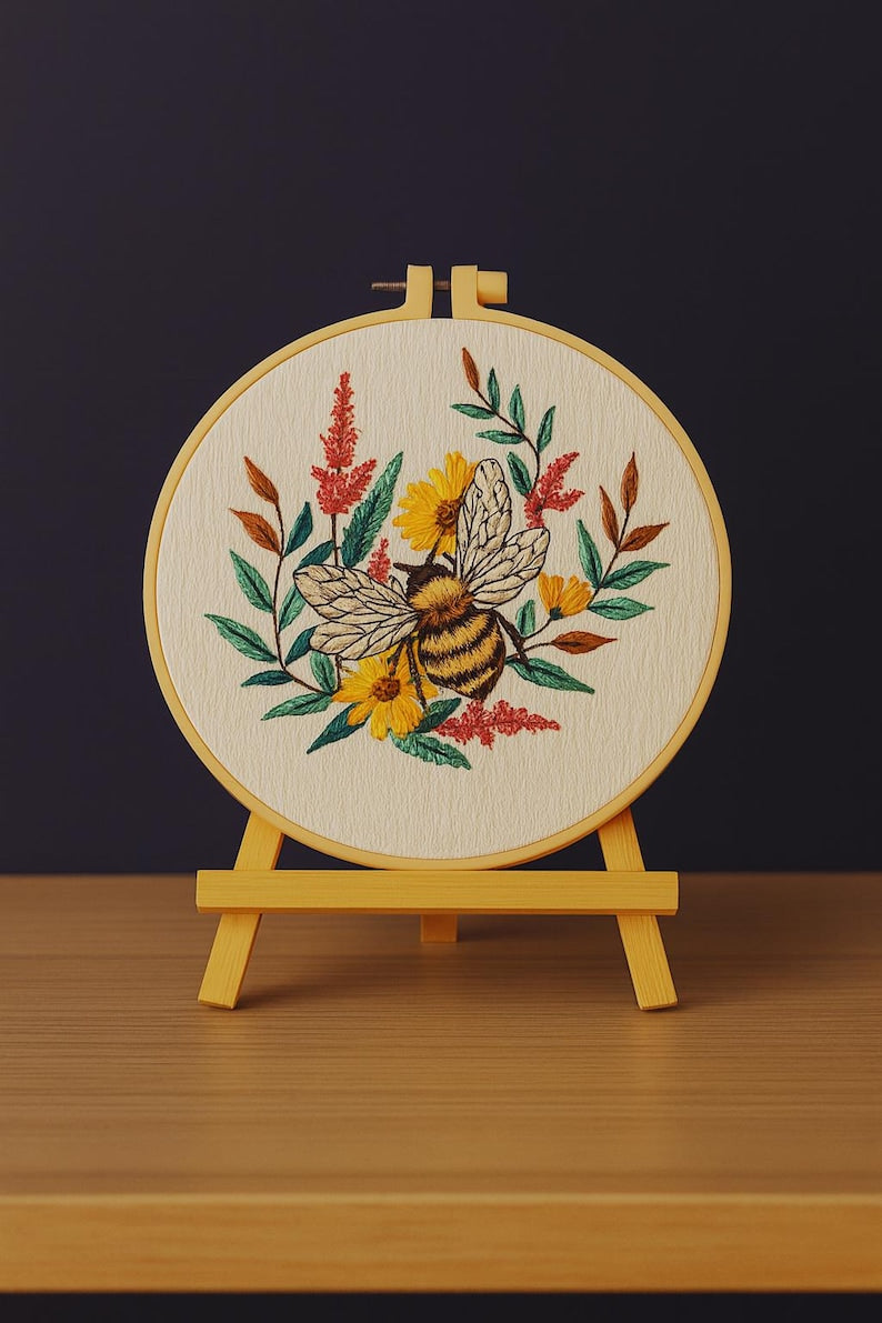 Bee embroidery kit fabric and hoop