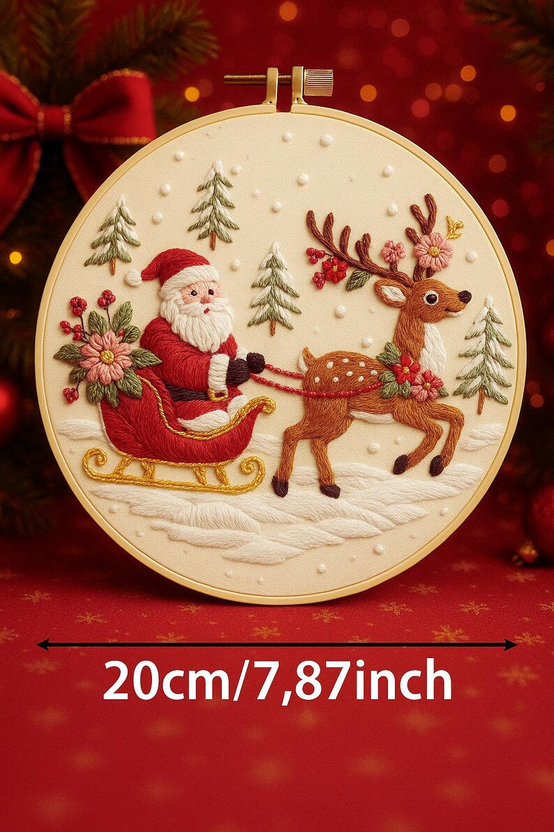 Santa and reindeer embroidery kit pattern close-up