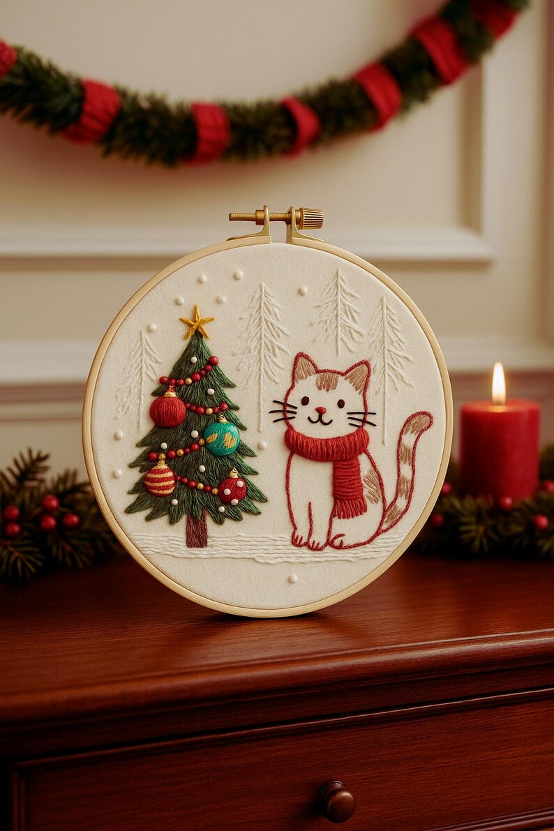 Santa and reindeer embroidery kit finished piece in hoop