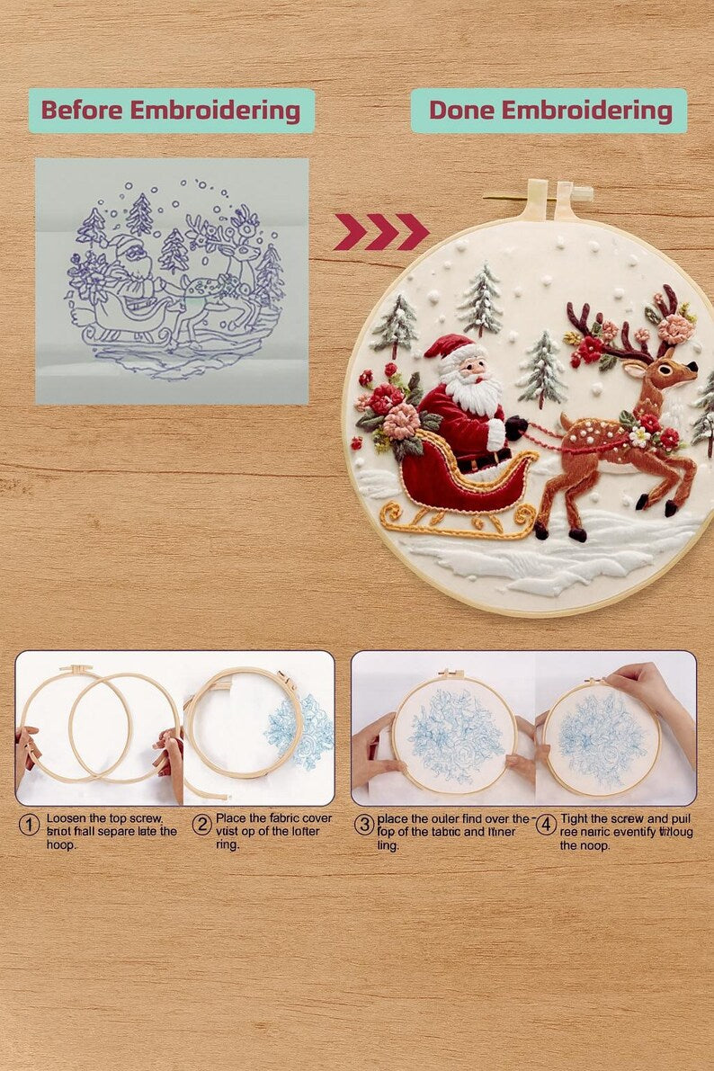Santa and reindeer embroidery kit stitching detail
