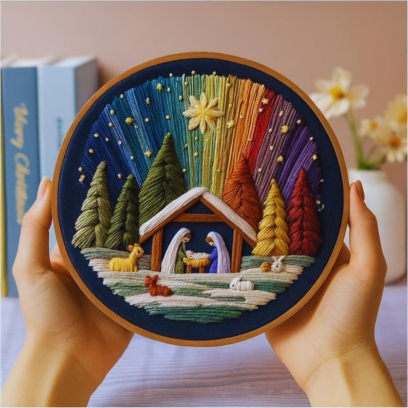 Holy family nativity embroidery kit finished design