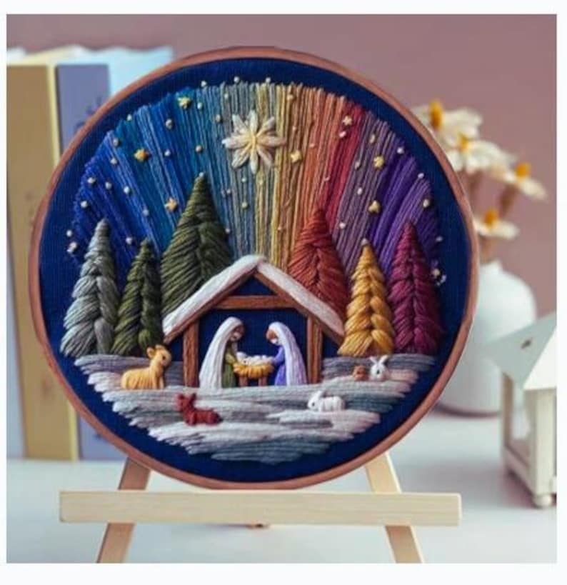 Holy family nativity embroidery kit contents and materials