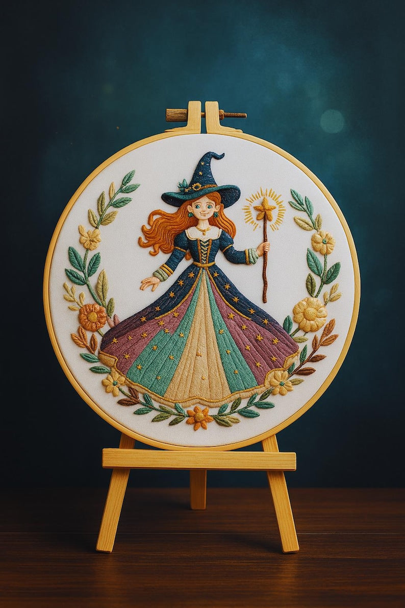 Witch embroidery kit finished piece