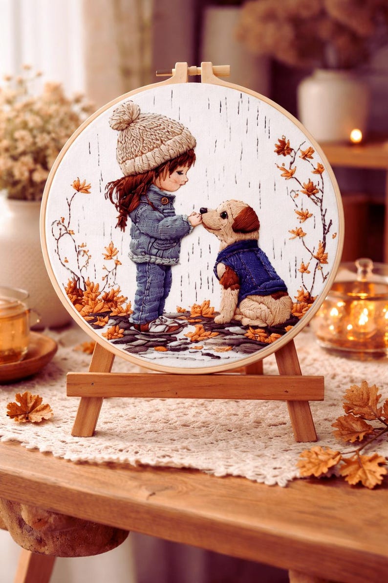 Girl and dog embroidery hoop art