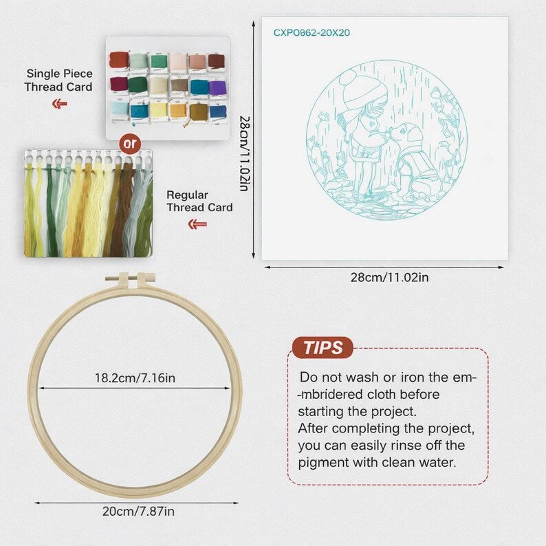 Girl and dog embroidery kit fabric and hoop