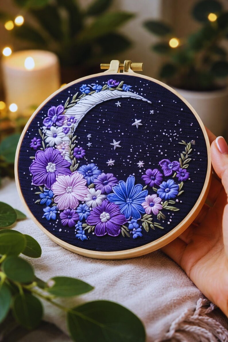 Moon flowers embroidery kit contents