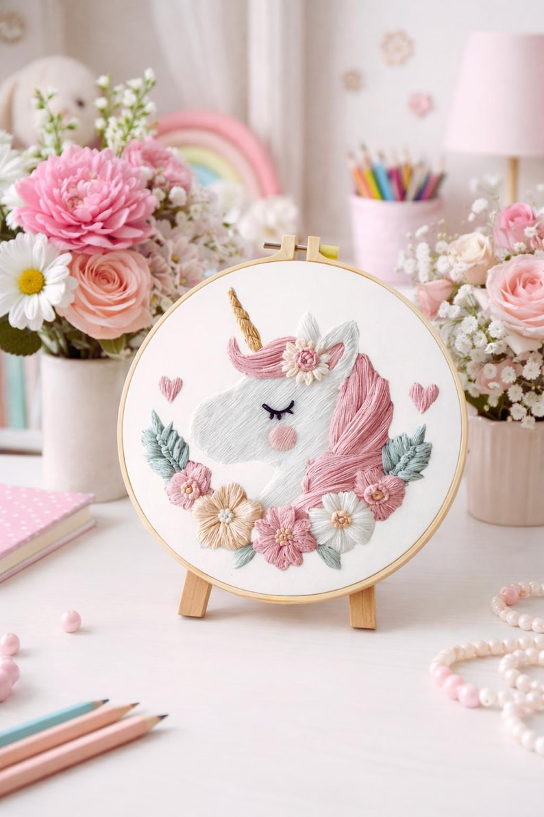 Unicorn embroidery kit finished hoop art