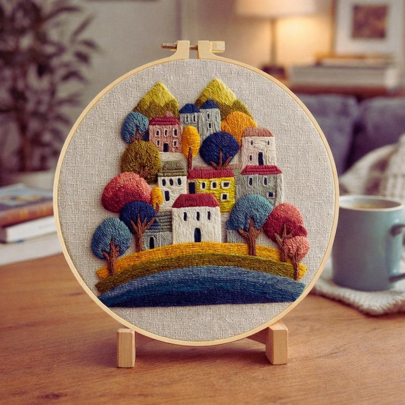 House and tree embroidery kit finished piece
