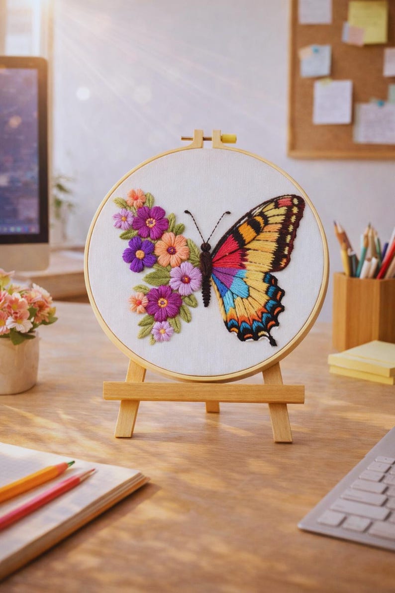 Colorful butterfly embroidery hoop art