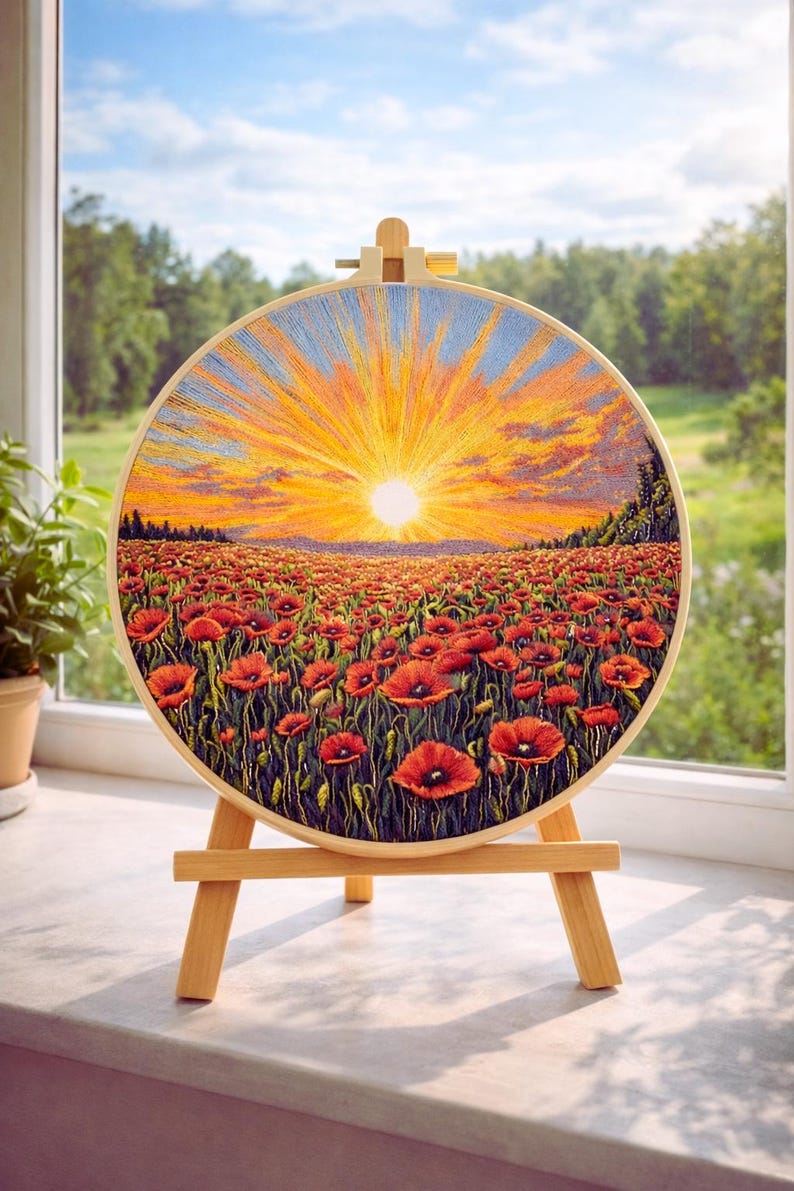 Poppy field sunrise embroidery kit hoop art