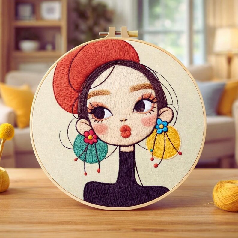 Girl portrait embroidery displayed on wall