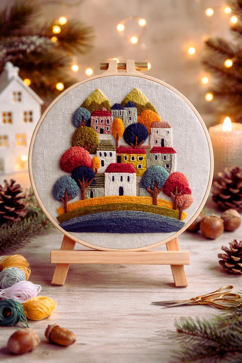 House and tree embroidery kit contents and hoop